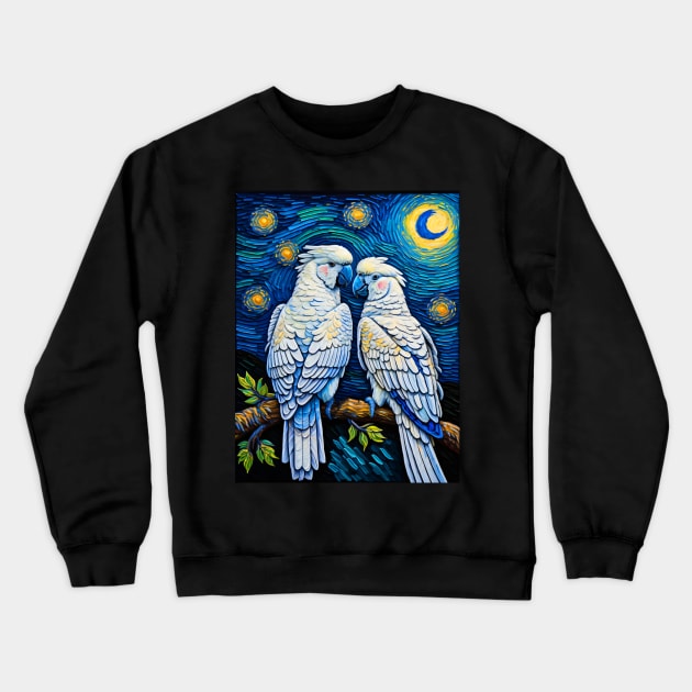 White Cockatoo in starry night Crewneck Sweatshirt by FUN GOGH